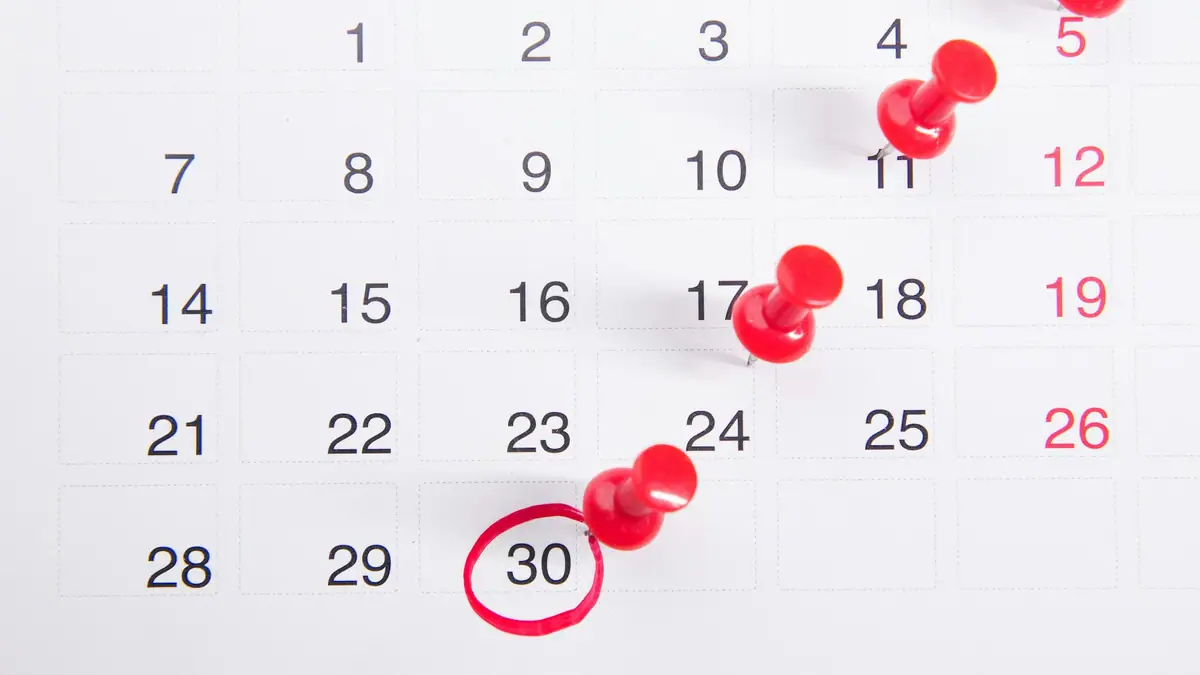 Calendar with red push pins marking dates